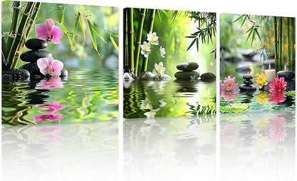 TutuBeer 3 Pcs Zen Wall Art Zen Pictures for Bathroom Spa Still Life Spa Stone Green Bamboo Orchid in Water Pictures Prints on Canvas for Home Office Wall Decor Stretched and Framed 14x14inchx3