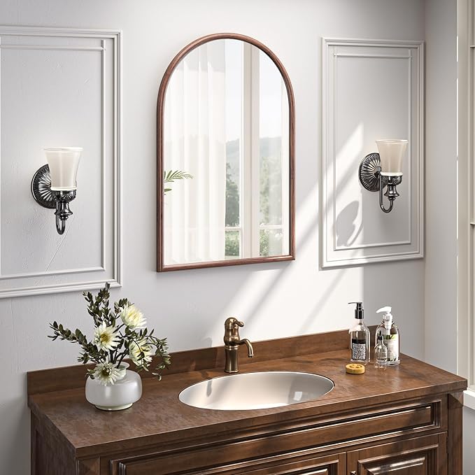 24"x36" Arch Wall Mirror for Wall, Wall Mounted Vanity Mirror for Bedroom, Wood Grain Finish Frame Mirror with Tempered Glass, Vintage Decorative for Bathroom, Entryway, Living Room, Walnut