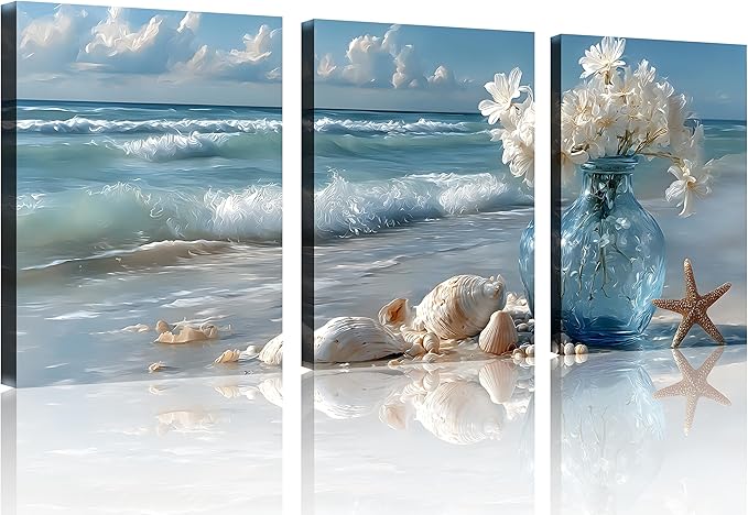 TutuBeer Beach Bathroom Canvas Wall Art Starfish with White Flower Coastal Pictures Wall Art Canvas Seascape Poster Seaside Seashell Painting Print Artwork for Living Room Bedroom 12"x16"x3 Pcs