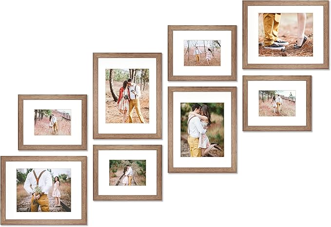 VELISTA 8 Piece Stair Picture Frame Set for Wall Collage - Stairwell Gallery Frame Set Rustic Stairway Decor - Wooden Ladder Picture Frames with Mat - Farmhouse Staircase Wall Decor (Walnut)