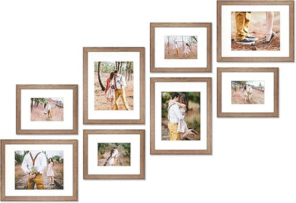 VELISTA 8 Piece Stair Picture Frame Set for Wall Collage - Stairwell Gallery Frame Set Rustic Stairway Decor - Wooden Ladder Picture Frames with Mat - Farmhouse Staircase Wall Decor (Walnut)