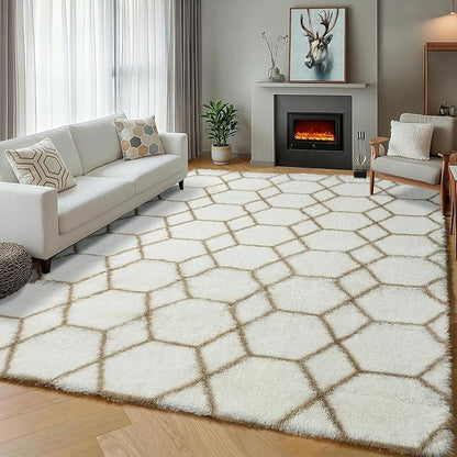 ONASAR 8x10 Area Rugs for Living Room, Fluffy White and Beige Bedroom Rug, Geometric Boho Large Soft Plush Shaggy Fuzzy Floor Carpet for Nursery Kids Classroom Playroom Dorm Home Decor