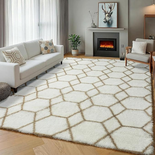 ONASAR Rugs for Living Room Bedroom, 5x8 Fluffy White and Beige Area Rug, Geometric Boho Soft Plush Shaggy Floor Carpet Mat for Nursery Kids Girls Boys Teen Dorm Home Decor Aesthetic