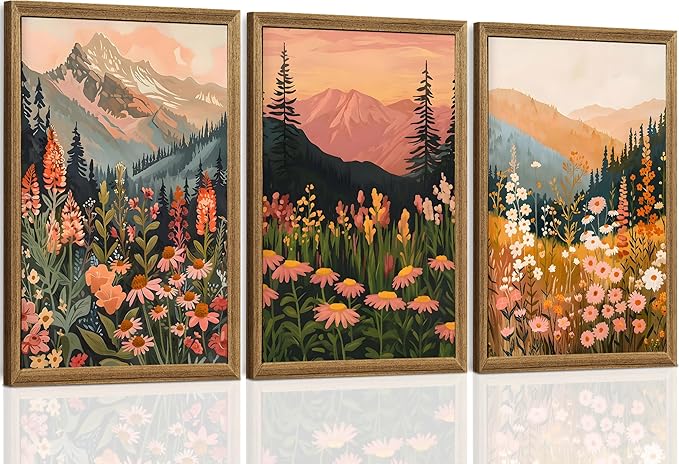 ICHZUMW Framed Boho Abstract Landscape Mountain and Floral Canvas Wall Art Set of 3, Colorful Nature Botanical Paintings Artwork, Large Wildflower Wall Decor for Living Room Bedroom Office, 16x24in