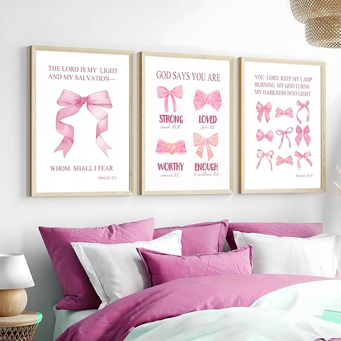 JBZDD Christian Pink Bow Wall Art Posters Set of 3 Unframed Inspirational Bible Verse Quotes Prints for Girls Room College Dorm Bathroom Bedroom Living Room Decor 12x16in