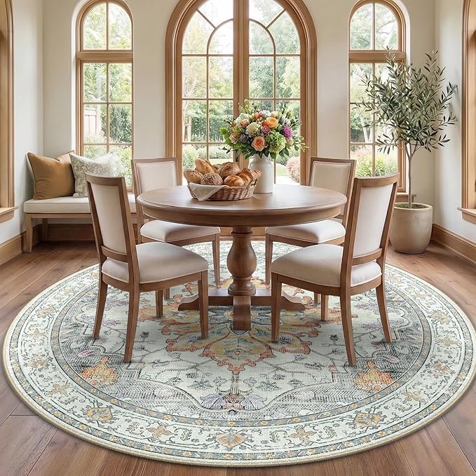 RELEANY Area Rugs Round 7ft Washable Non-Slip, Floral Vintage Distress Print Pattern Medallion Carpet for Living Room Bedroom Dining Room, Light Yellow Carbon Grey Orange