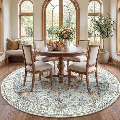 RELEANY Area Rugs Round 7ft Washable Non-Slip, Floral Vintage Distress Print Pattern Medallion Carpet for Living Room Bedroom Dining Room, Light Yellow Carbon Grey Orange