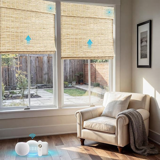 Motorized Bamboo Roman Shades, Motorized Blinds with Remote Compatible with Homekit, Alexa GoogleHome, Smart Wood Woven Shades for Indoor Windows, Customize, Driftwoven