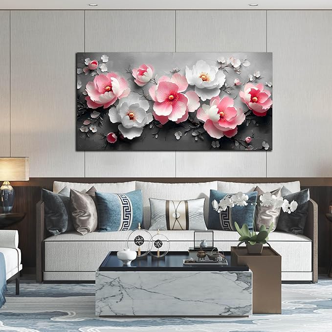 HUBOSKN Flower Canvas Wall Art for Living Room - Pink and White Room Decor for Women - Girls Bedroom Wall Decor Size 29" x 59"