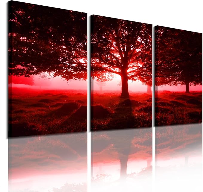 EPHANY Red Trees Canvas Wall Art Art - Red Tree Painting 3 piece/set Framed Wall Picture Canvas Print Framed Picture Painting for Room Home Decorations (A-3pcs,12"x16"x3pcs)