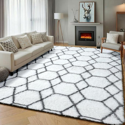ONASAR 5x7 Area Rugs for Living Room Bedroom, Fluffy White and Grey Throw Rug, Geometric Boho Soft Plush Shaggy Indoor Floor Carpet for Nursery Kids Girls Boys Teen Dorm Home Decor Aesthetic