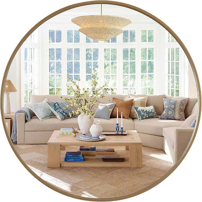 WallBeyond Round Wood Mirror, 40" Round Modern Decoration Large Circle Wall Mirror for Bathroom Living Room Bedroom Entryway, Honey