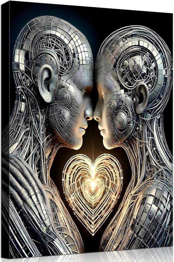 Framed 3D Love Wall Art Canvas Mural Futurist Gallery Couple Fantasy Robot Romantic Poster Art Bedroom Living Room Office Game Room High tech Aesthetic Decoration 16x24 inches
