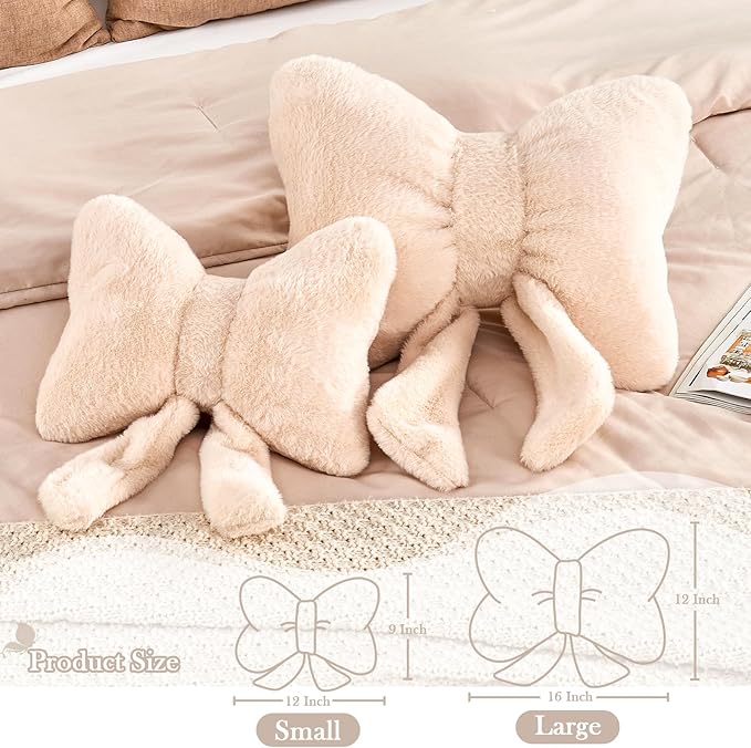 XVTRU Beige Bow Pillow, Soft Bow Decorative Pillows with Faux Rabbit Fur, Cute 12" Bow Throw Pillows, Aesthetic Home Decor Bow Shaped Plush Pillow for Bedroom Sofa Couch