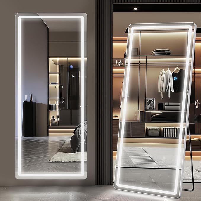 Antok LED Full Length Mirror with Light, 71"x32" Lighted Full Body Mirror with Stand, Dimmable & 3 Color Lighting Standing/Leaning/Wall Mounted Vanity Mirror for Bedroom Cloakroom Livingroom(Rect)