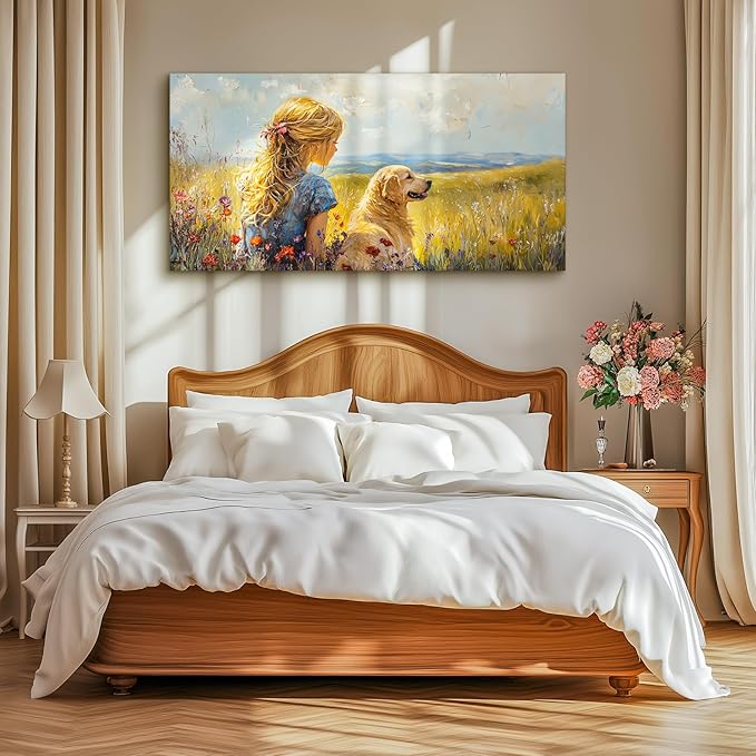 SERIMINO Portrait Animal Extra Large Wall Art, Meadow Landscape Wall Prints, Woman Golden Retriever Dog Canvas Paintings, Rustic Wall Decor Living Room Bedroom Dining Room Farmhouse Cottage 29"X57"