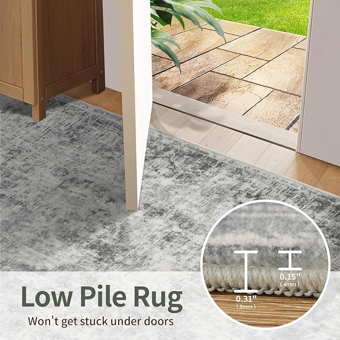 Rugxara 5x7 Area Rugs for Living Room Bedroom, Grey Washable Rug, Neutral Abstract Boho Rug, Non Slip & Low Pile Faux Wool Carpet for Indoor Dining Room and Farmhouse(Grey 5x7ft)