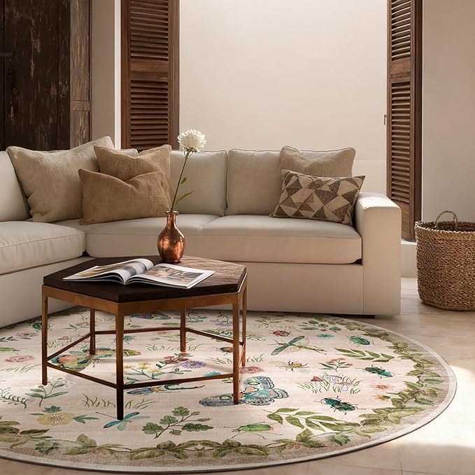 Washable Round Rugs for Bedroom 4ft: Living Room Rug Stain Resistant Non Slip Low Pile Ultra Soft Faux Wool Small Circle Rugs for Kitchen Entryway Bathroom Nursery Dorm Home Office Entrance Indoor