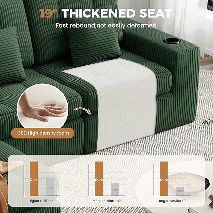 144" U Shaped Cloud Boneless Couch,Modern Modular Sectional Sofa with Layered Cushion,No Assembly Convertible Corduroy Couches for Living Room,Green 1 PCS