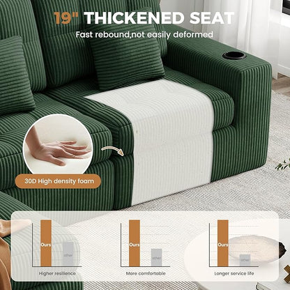 144" U Shaped Cloud Boneless Couch,Modern Modular Sectional Sofa with Layered Cushion,No Assembly Convertible Corduroy Couches for Living Room,Green 1 PCS