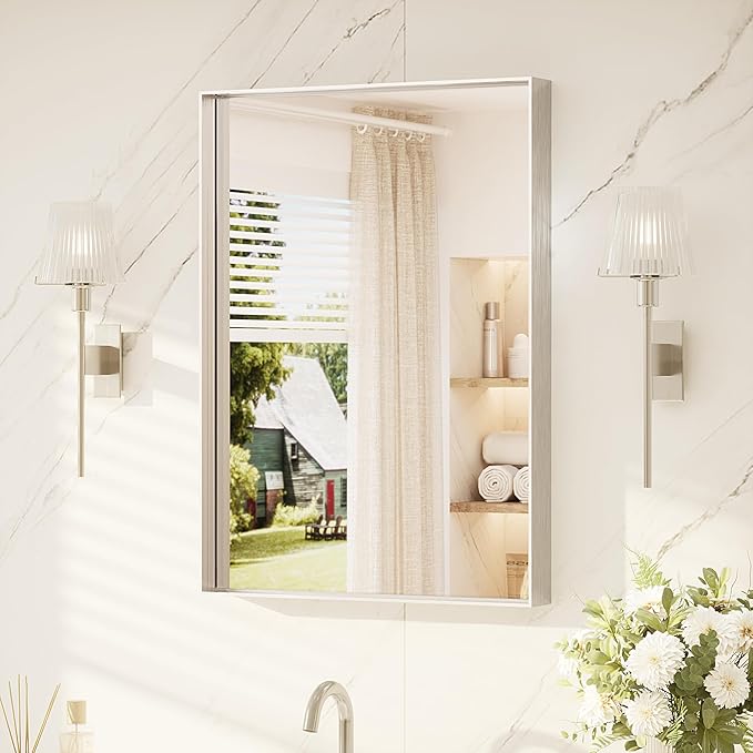 TETOTE Brushed Nickel Bathroom Mirror 22" x 30" Vanity Mirror for Over Sink Brushed Nickel, Tempered Glass, Modern Farmhouse Rectangle Frame Wall Mirrors for Bathroom, Bedroom, Entryway, Living Room