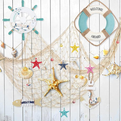 11 Pcs Wooden Nautical Wall Decor Fishing Net Decorations, Include Decorative Fishing Net, Ship Wheel, Fish Skeleton, Life Ring, Anchor, Starfish Beach Decor for Mediterranean Party (Wood Color)