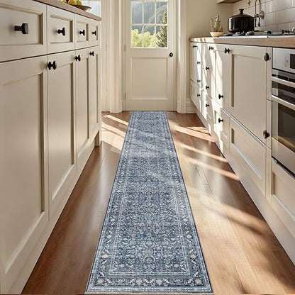 OPPODREAM Vintage Blue 2x12 Runner Rug, 2 x 12 Retro Washable Rug Non Slip, Low-Pile Faux Wool Carpet, Distressed Navy Floor Mat for Kitchen, Hallway, Entry-Way, Entrance, Indoor Back Door