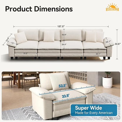 SUNSHINE VALLEY 4 Seat Modular Sofa, 157.5'' Oversized Modern Chenille Sectional Couch with Removable Armrest and Pillow, Upholstered Cloud Deep Seat Sofa for Living Room, Beige