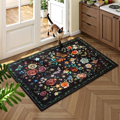 Rugflix 2x3 Small Area Rugs for Entryway, Washable Entrance Door Mat Non-Slip, Soft Low Pile Stain Resistant Vintage Floral Indoor Throw Rug for Kitchen, Bedroom, Hallway, Black