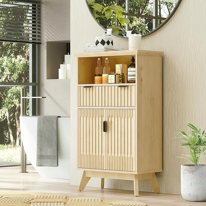 Fatmok Buffet Cabinet with Storage Seto of 2, 40" Modern Fluted Coffee Bar Cabinet with Drawer & Open Shelf, Wood Buffet Sideboard Console Table for Entryway, Kitchen, Living Room (Natural Wood)