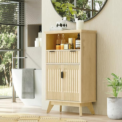 Fatmok Buffet Cabinet with Storage Set of 3, 40" Modern Fluted Coffee Bar Cabinet with Drawer & Open Shelf, Wood Buffet Sideboard Console Table for Entryway, Kitchen, Living Room (Natural Wood)
