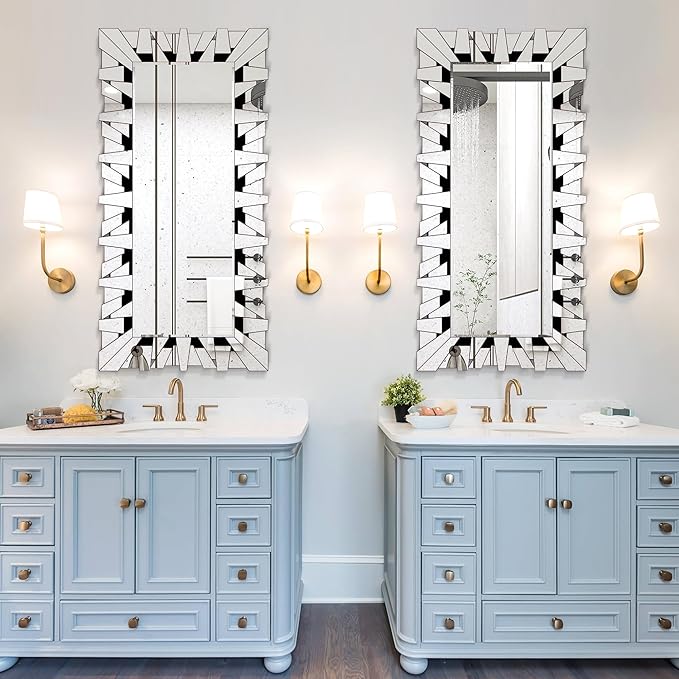 24" X 47" Large Mirror for Wall Decor, Elegant Mirror for Living Room Decor with Mosaic Tiles and Beveled Edge, Contemporary Bathroom Mirror Hang Horizontally or Vertically