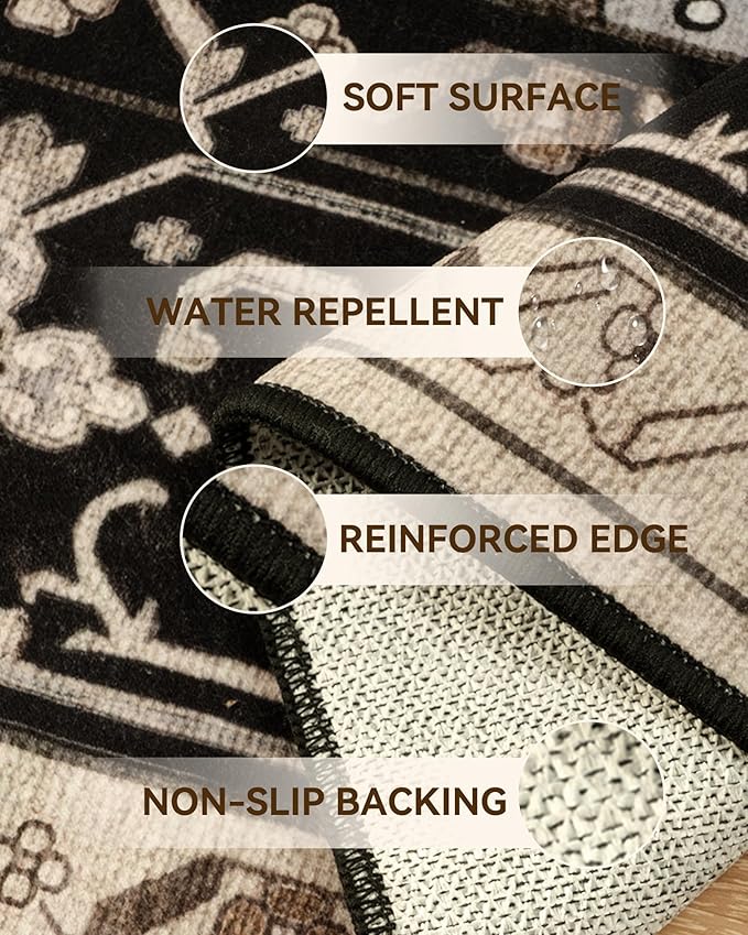 RELEANY Area Rugs 2'x10' Runner Rug Non Slip Washable for Kitchen Hallway Bedroom Beside Laundry Room Bathroom Rug, Floor Carpet, Black Brown Neutral Dark Tan