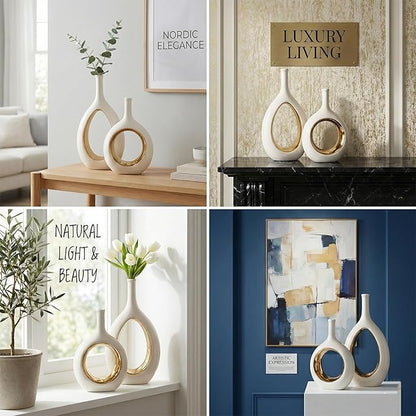 White and Gold Vase Ceramic White Vases Home Decor,Modern Minimalist Circle with Hole Decorative Vase, Hollow Ellipse Flower vases for Bookshelf, Fireplace Mantle, Centerpieces,Farmhouse,Rustic Décor