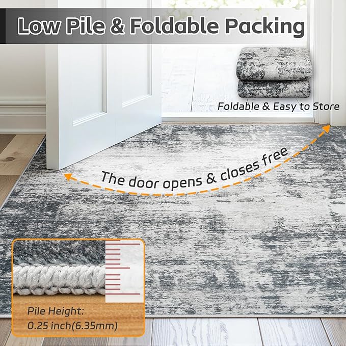 Area Rug 8x10 Living Room Rug Washable: No-Slip Abstract Soft Thin Large Deep Black Gray White Rugs, Indoor Floor Stain Resistant Modern Carpet for Bedroom Dining Room Farmhouse Nursery Home Office