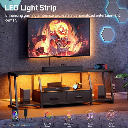 RALGEND LED TV Stand for 75 Inch TV, Entertainment Center with Open Shelves and Power Outlets, TV Console Table with Fabric Drawers, Media Console for Living Room, Bedroom, Black