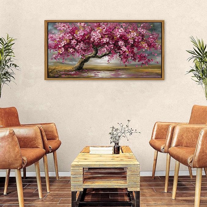 Framed Red Pink Tree Wall Art Tree of Life Picture for Living Room Colorful Flower Wall Decor Abstract Nature Scenery Texture Prints Canvas Painting Watercolor Artwork Bedroom Kitchen Decoration 24x48
