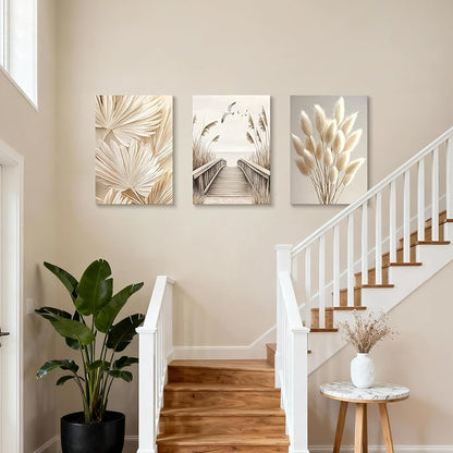 3 Pcs Beige Reeds Botanical Framed Canvas Wall Art Neutral Palm Fronds Wall Paintings Quiet Beach Landscapes Art Prints Picture Home Decor for Bedroom Living Room Office Reay to Hang 20"x28"x3Pcs