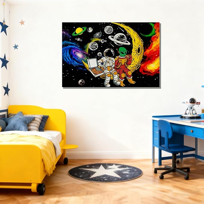16x24 Space Astronaut Alien Pizza Party Canvas Wall Art Black Cosmic Prints Moon Planet Poster Home Framed Decor Kids Bedroom Fantasy Painting Teen Boy Room Funny Gift Picture Child Study Room Photo