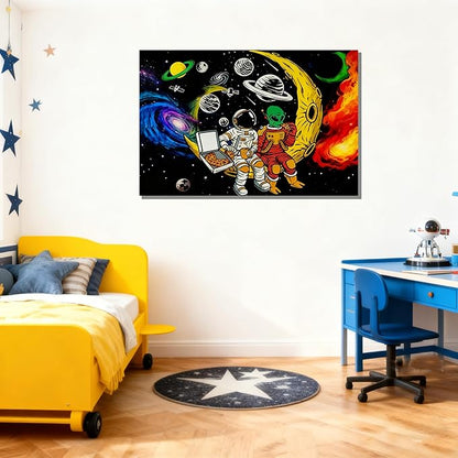 16x24 Space Astronaut Alien Pizza Party Canvas Wall Art Black Cosmic Prints Moon Planet Poster Home Framed Decor Kids Bedroom Fantasy Painting Teen Boy Room Funny Gift Picture Child Study Room Photo