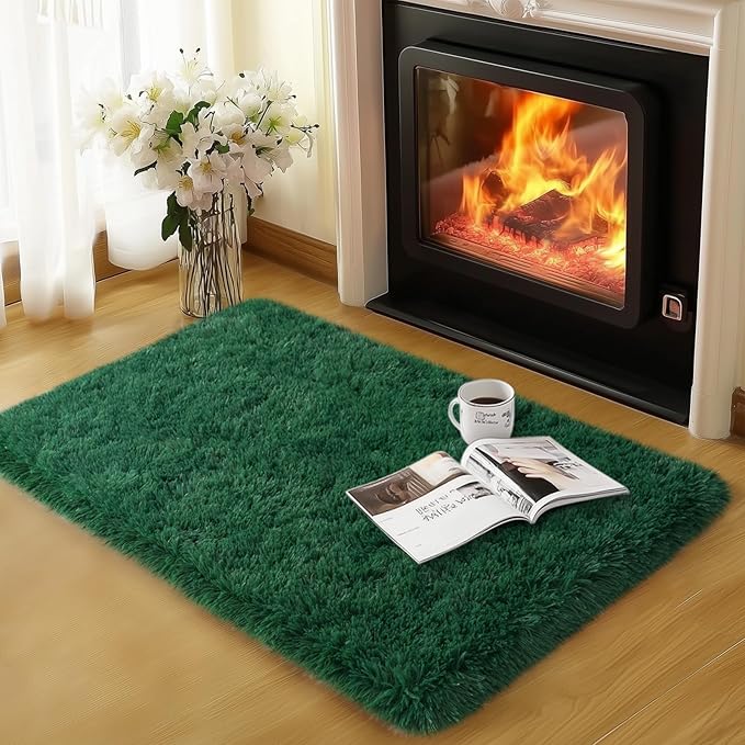 qulint Green Rug for Bedroom, Soft Fluffy 2x3 Area Rug for Living Room Shag Fuzzy Small Carpet for Kid Room, Plush Shaggy Alfombra for Boys and Girls Dorm Room Home Decor (2ft x 3ft, Dark Green)