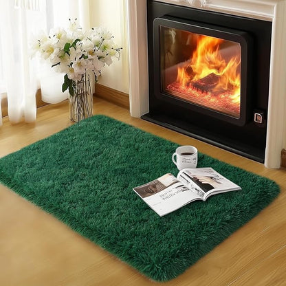 qulint Green Rug for Bedroom, Soft Fluffy 2x3 Area Rug for Living Room Shag Fuzzy Small Carpet for Kid Room, Plush Shaggy Alfombra for Boys and Girls Dorm Room Home Decor (2ft x 3ft, Dark Green)