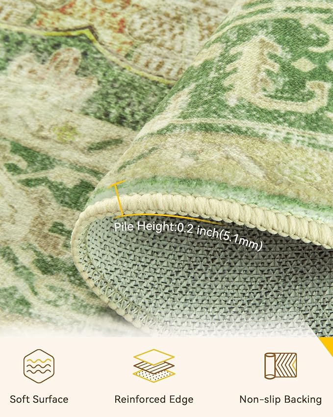 RELEANY Area Rugs Round 4ft Washable Non-Slip, Floral Vintage Distress Print Pattern Medallion Carpet for Living Room Bedroom Dining Room, Sage Green Yellow