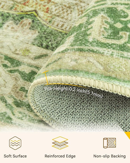 RELEANY Area Rugs Round 8ft Washable Non-Slip, Floral Vintage Distress Print Pattern Medallion Carpet for Living Room Bedroom Dining Room, Sage Green Yellow