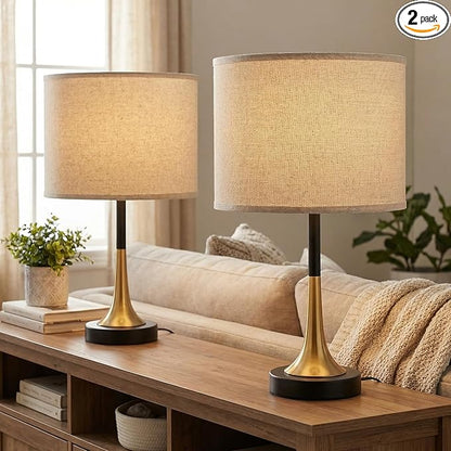 16.5'' Modern Table Lamps Set of 2 with Gold Metal Base and Linen Shade, Mid-Century Bedside Nightstand Lamps for Living Room and Bedroom(Bulb NOT Included)