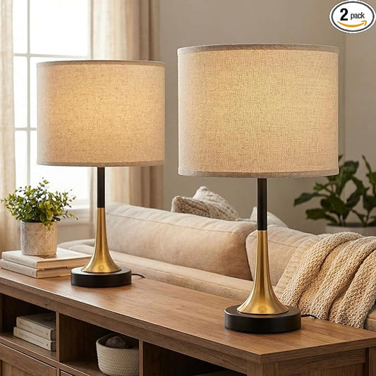 16.5'' Modern Table Lamps Set of 2 with Gold Metal Base and Linen Shade, Mid-Century Bedside Nightstand Lamps for Living Room and Bedroom(Bulb NOT Included)