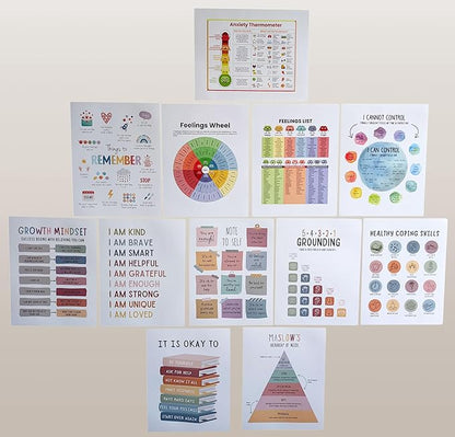 ajdvart 12 Pcs Mental Health Posters - Therapy Office Decor, Homeschool, Classroom & Calm Down Corner | Feelings Wheel & List of Emotions | Healthy Coping Skills Posters(11"x14")