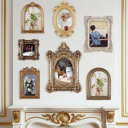 Wonderjune 7 Pcs Vintage Picture Frames Set with Glass Front Antique Gold Gallery Wall Frames 7x9 6x8 5x7 4x6 2x3, Baroque for Home Decor Photography Props Gifts, Wall or Tabletop (Victorian)