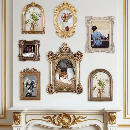 Wonderjune 7 Pcs Vintage Picture Frames Set with Glass Front Antique Gold Gallery Wall Frames 7x9 6x8 5x7 4x6 2x3, Baroque for Home Decor Photography Props Gifts, Wall or Tabletop (Victorian)