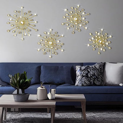 Blulu 4 Pcs Metal Wall Decor Bling Crystal Wall Art Cast Iron Rhinestones Sunburst Decor Starburst Art Hanging Diamond Accents Home Decorative for Living Room Bedroom Entryway(Gold)
